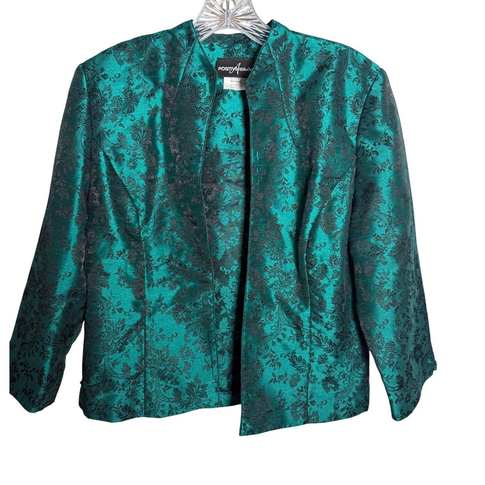 Positive Attitude Brocade Jacket Womens Size 12 Green Floral Evening Vintage